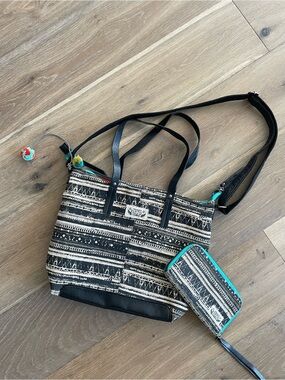 pistil Black & Cream Boho Aztec Shoulder Tote with Teal Accent and Wallet